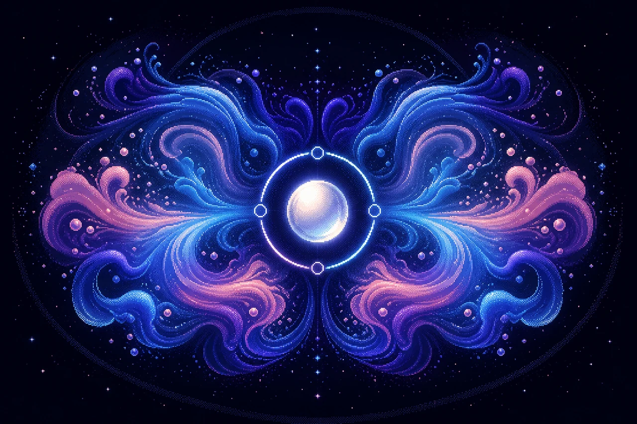 A luminous breathing orb surrounded by flowing blue and violet forms