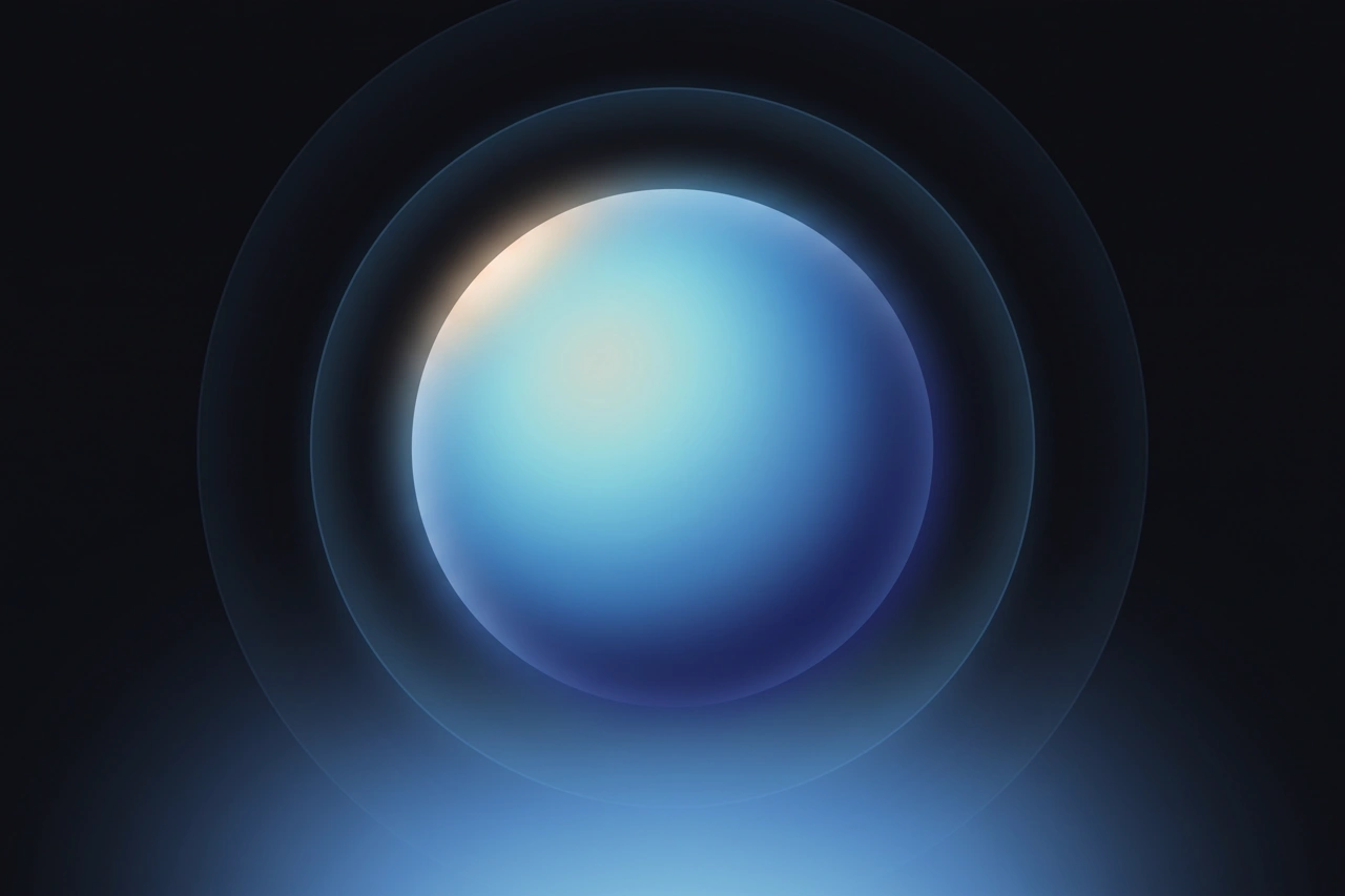 A single soft blue sphere mid-expansion, concentric rings fading outward into near-black