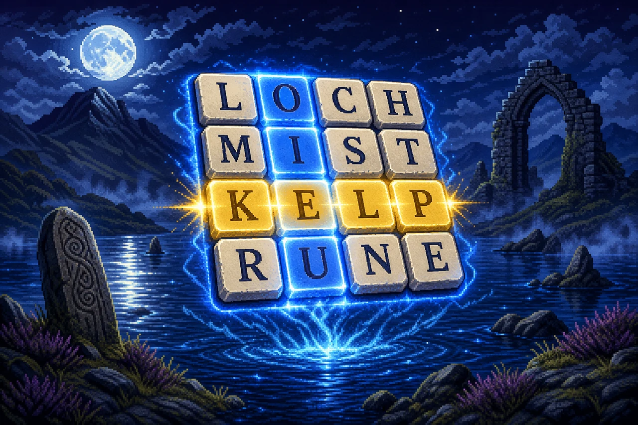 A glowing letter grid floating over a moonlit Highland loch