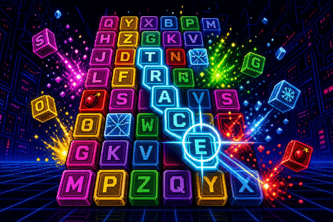 Neon letter blocks erupting through a retro cyber grid