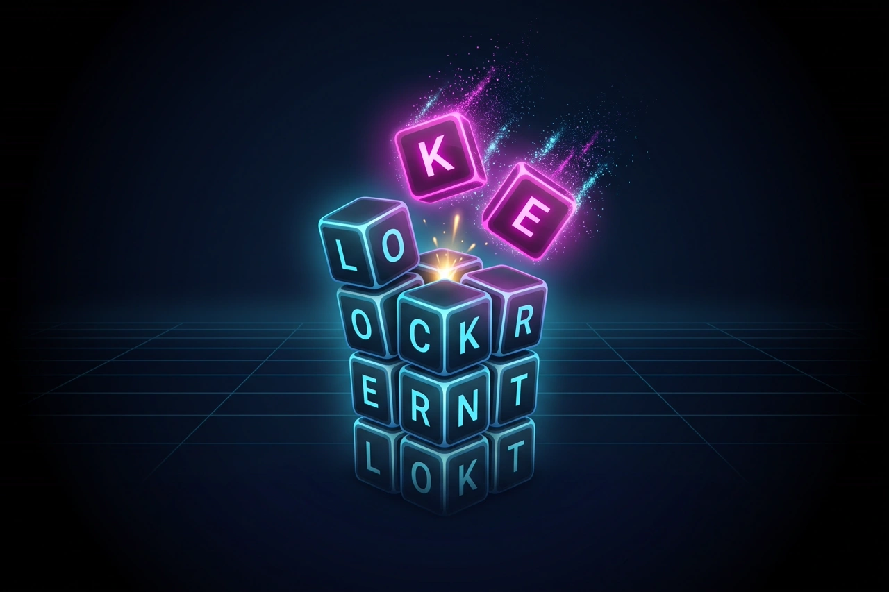 Glowing cyan letter cubes rising in a column, two clearing in magenta above a faint neon grid