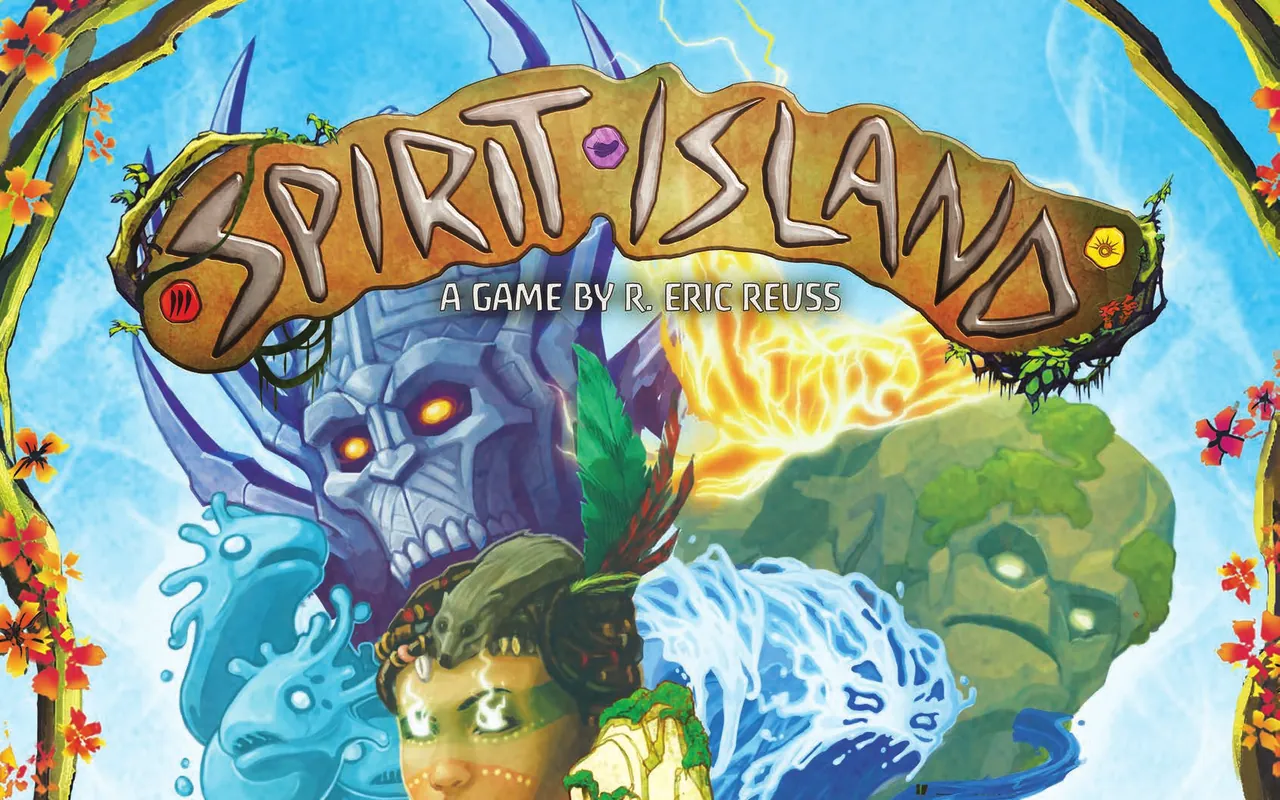 The Spirit Island box: the plank logo above a stone-faced spirit, a woman with glowing eyes and a living mountain, with water spirits rising from the sea