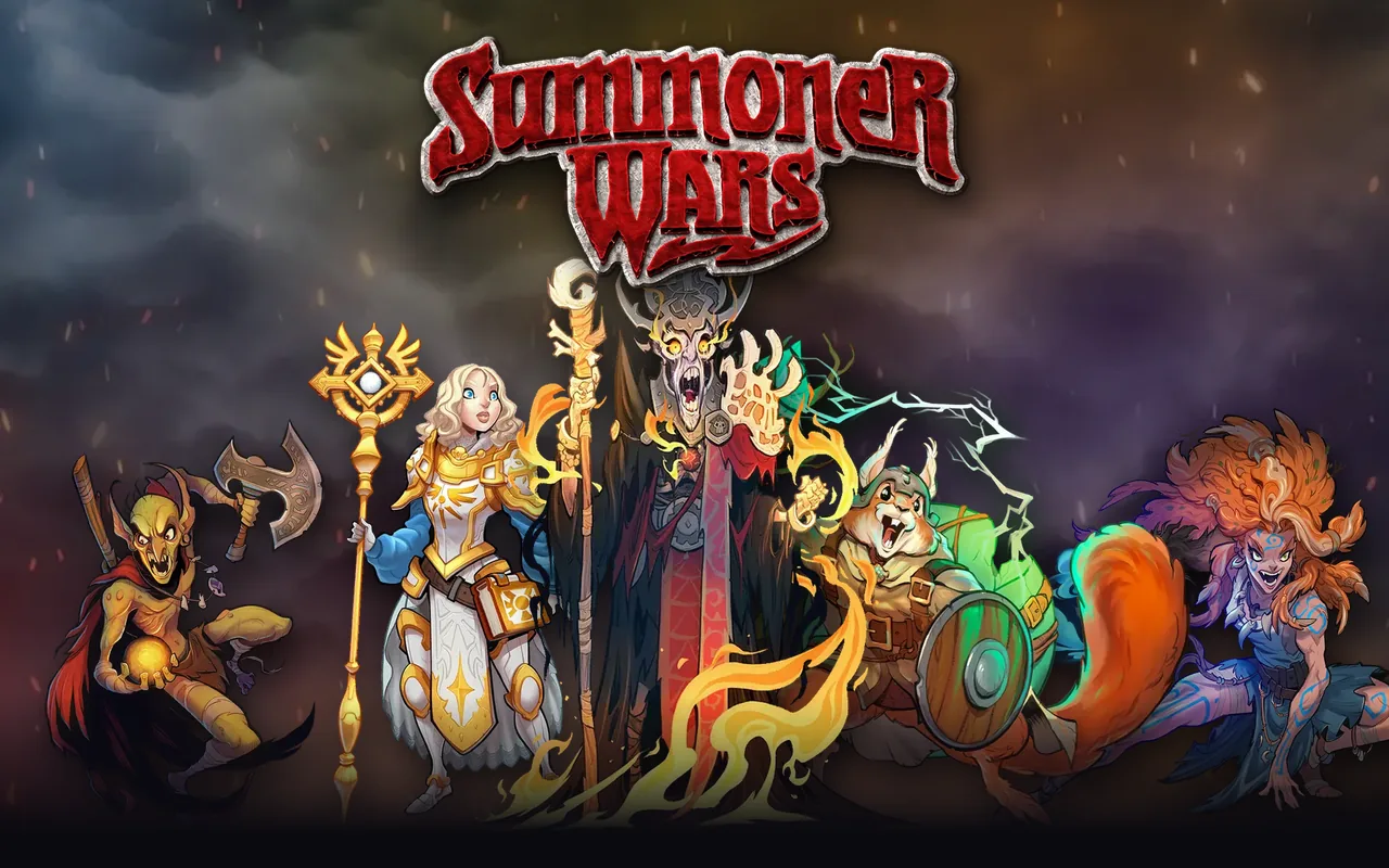 The Summoner Wars logo above five summoners on a smoky nebula sky: Sneeks, Sera Eldwyn, Ret-Talus, Fenn Timberheart and Luna Nightsong